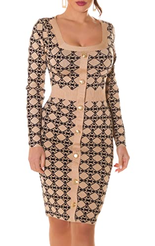 Patterned Business Langarm Strick Midi Kleid mit Deko Knöpfe One Size (Einheitsgröße) von Koucla