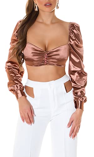 Satin Look Puffärmel Crop Blusen Top mit Raffung und Deko Knöpfe One Size (Einheitsgröße) von Koucla