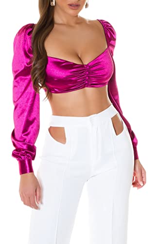 Satin Look Puffärmel Crop Blusen Top mit Raffung und Deko Knöpfe One Size (Einheitsgröße) von Koucla