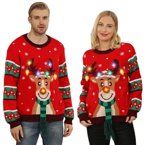 Ugly Christmas Sweater LED,Weihnachtspullover Damen Herren,hässlich Weihnachtspullover Familie,lustiger Weihnachtspullover mit Licht,rot Rentier Weihnachtspullover für Familien/Frauen/Männer-XL von Kouric