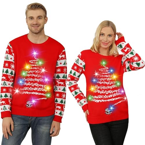 Ugly Christmas Sweater,Weihnachtspullover Damen Herren,hässliche Weihnachtspullover LED,lustig Weihnachten Pullover mit Feuerwerk,Unisex Weihnachtspulli Rot für Familien/Damen/Herren Rot M von Kouric