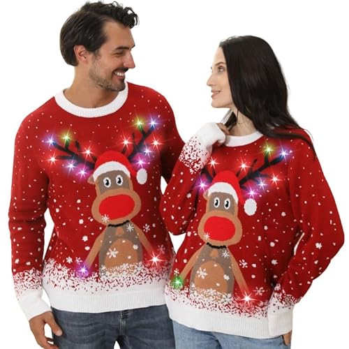 Ugly Christmas Sweater Herren Damen,hässliche Weihnachtspullover LED Licht,Kuschel Rentier Pullover Weihnachten,Blinkender Elch Weihnachtspulli Familie Set,Weihnachtspullover Partnerlook Rot Rot L von Kouric