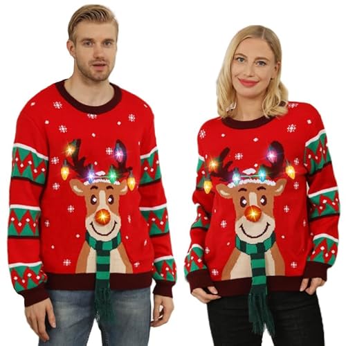 Ugly Christmas Sweater LED,Weihnachtspullover Damen Herren,hässlich Weihnachtspullover Familie witzig,lustiger Weihnachtspullover mit Licht,Rentier Weihnachtspulli für Familien/Frauen/Männer Rot 3XL von Kouric