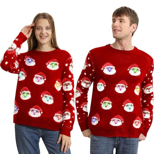 Ugly Christmas Sweater LED,Weihnachtspullover Damen Herren lustig Weihnachtsmann, Glitzer Nikolaus Weihnachtspulli Familie Set Winter, hässliche Weihnachtspullover Pärchen Satan Claus Rot XL von Kouric