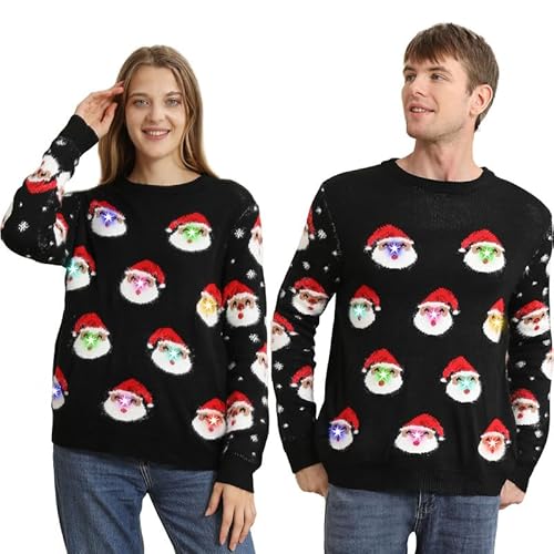 Weihnachtspullover Damen Herren, Ugly Christmas Sweater LED lustig Weihnachtsmann, Glitzer Nikolaus Weihnachtspulli Familie Set Winter, hässliche Weihnachtspullover Pärchen Satan Claus Schwarz 3XL von Kouric