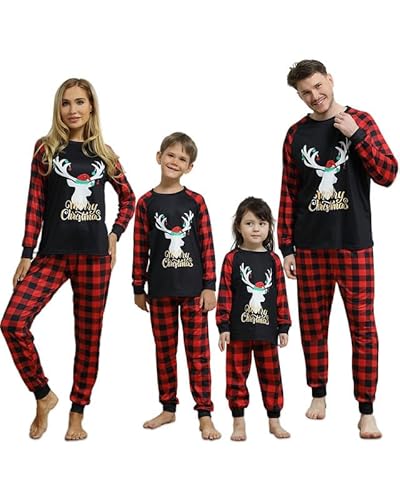 Weihnachtspyjama Familie Set, Weihnachts Pyjama Family Set Elch, Witzige Rentier Weihnachts Schlafanzug Familie,Hirsche Christmas Pyjama Family Set Lang Schwarz Rot Karierter Pyjamahosen Damen-XXXL von Kouric
