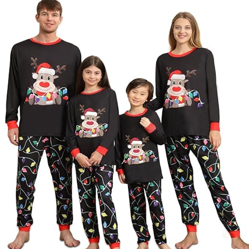 Weihnachtspyjama Familie Set, Weihnachts Schlafanzug Familie Elch, Hirsch Personalisiert Christmas Pyjama Family Set mit Lichterketten Pyjama Hosen, Witzige Weihnachts Pyjama Pärchen Set Damen-S von Kouric