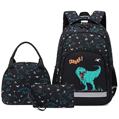 Kouxunt Schulrucksack Mädchen Jungen, Rucksack Schule Schultaschen 3 Teile Set Schulranzen mit Lunch-Taschen Federmäppchen für Kinder Teenager (Dinosaurier) von Kouxunt