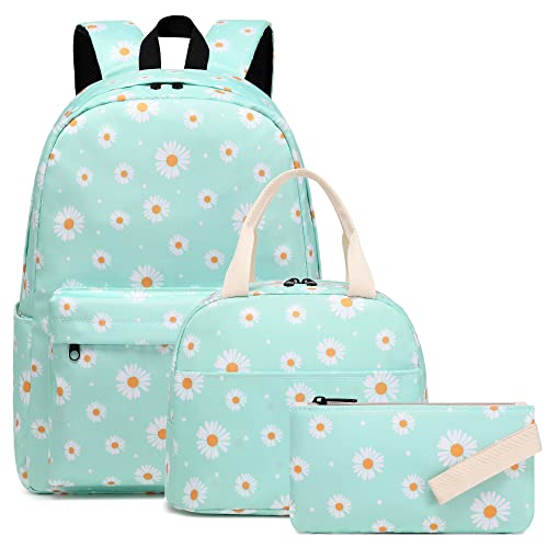 Kouxunt Schulrucksack Mädchen Teenager Rucksack Schule Kinder, 3 Teile Set Schulranzen mit Lunch Tasche Federmäppchen (Gänseblümchen Grün) von Kouxunt