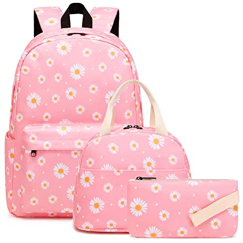 Kouxunt Schulrucksack Mädchen Teenager Rucksack Schule Kinder, 3 Teile Set Schulranzen mit Lunch Tasche Federmäppchen (Gänseblümchen Rosa) von Kouxunt