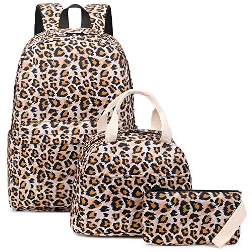 Kouxunt Schulrucksack Mädchen Teenager Rucksack Schule Kinder, 3 Teile Set Schulranzen mit Lunch Tasche Federmäppchen (Leopard) von Kouxunt