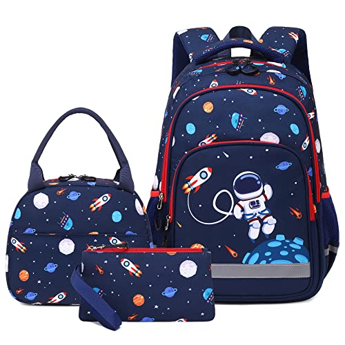 Kouxunt Schulrucksack Mädchen Jungen, Rucksack Schule Schultaschen 3 Teile Set Schulranzen mit Lunch-Taschen Federmäppchen für Kinder Teenager (Astronaut) von Kouxunt