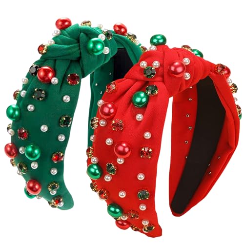Kovewon 2 Stück Weihnachts-Stirnbänder für Damen und Mädchen, rot-grüne Perlen, Strass, Stirnband mit Schmuckkristall, Winter, Weihnachten, Urlaub, Geschenke für Frauen von Kovewon