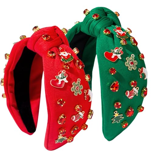 Kovewon 2 Stück Weihnachts-Stirnbänder für Damen und Mädchen, rote und grüne Perlen, Strass, Stirnband mit Weihnachtsbaum, Weihnachtsmann-Zubehör, Winter, Weihnachten, Urlaub, Geschenke für Frauen von Kovewon