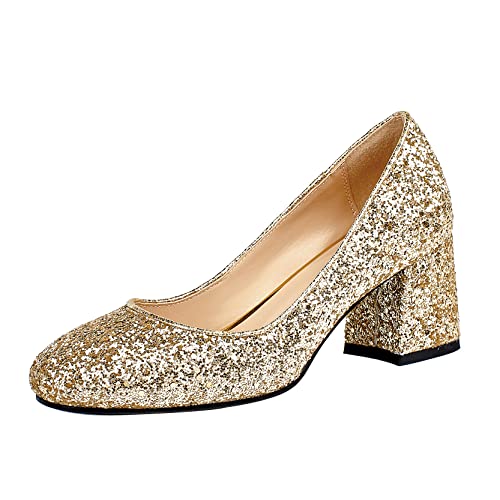 KozDyko Damen Pailletten Pump Glitzer High Heel Pumps Chunky Heel Slip On Hochzeit Schuhe, gold, 40.5 EU von KozDyko