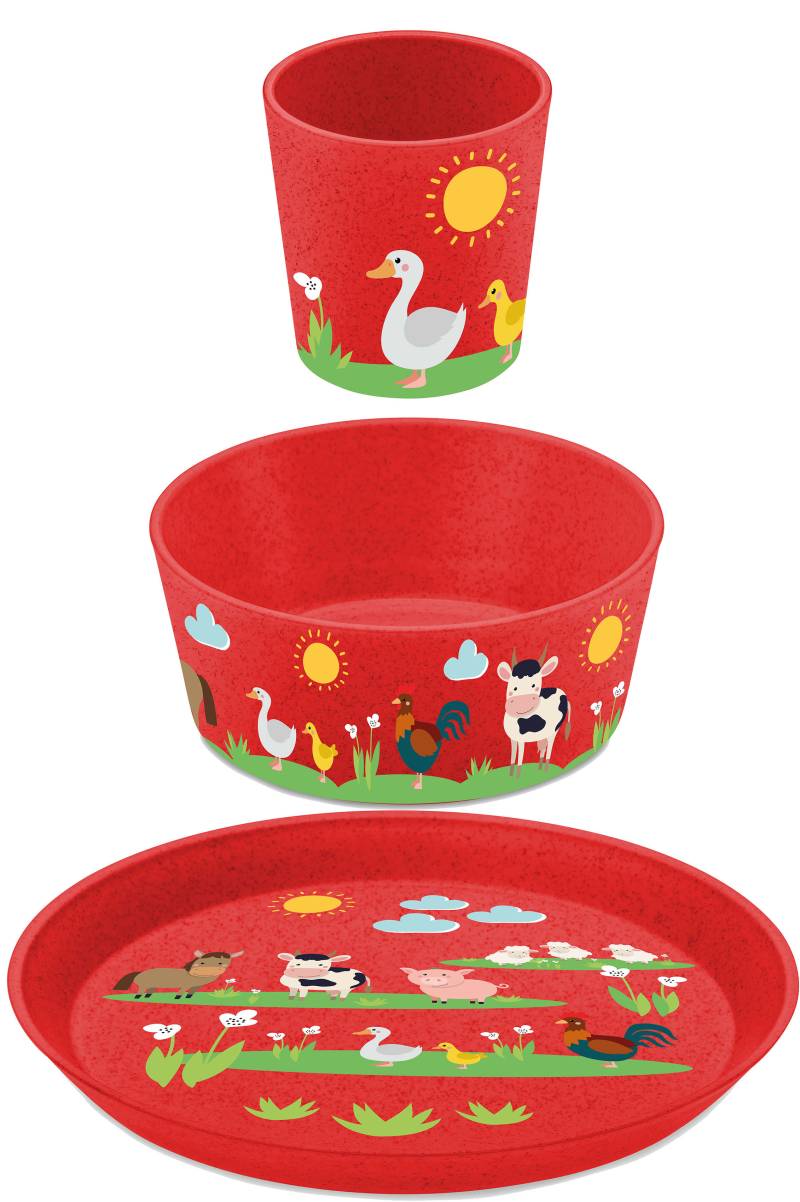 KOZIOL Kindergeschirr-Set "3er-Set Kleiner Teller + Schale + Becher CONNECT FARM" Co² neutral produziert, Made in Germany, 3 Teile, für 1 Person von Koziol