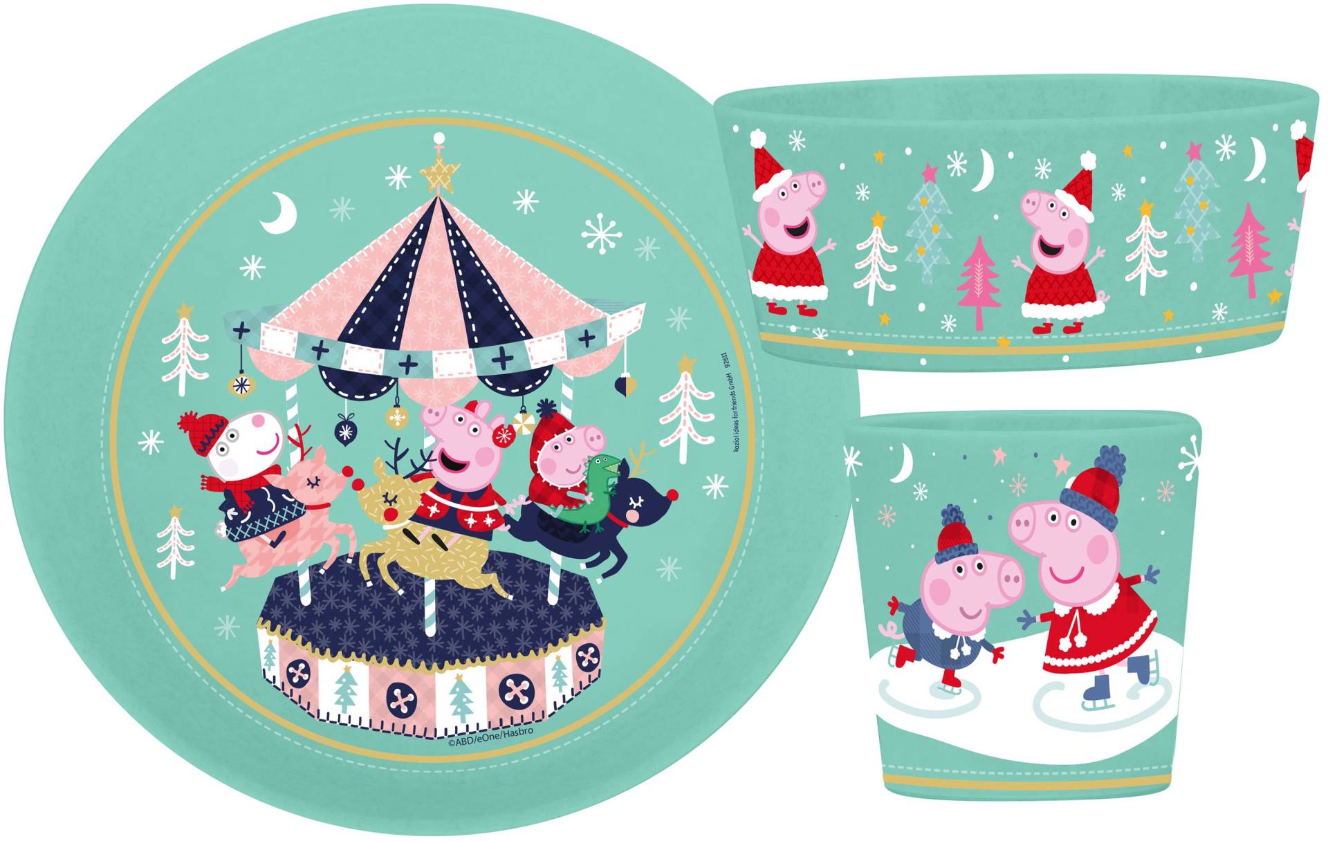 KOZIOL Kindergeschirr-Set "Kleiner Teller + Schale + Becher CONNECT PEPPA PIG WINTER WONDERLAND" made in Germany, melaminfrei, 3 Teile, für 1 Person von Koziol