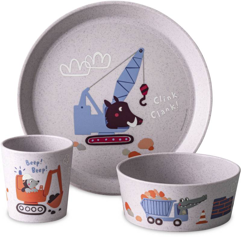 KOZIOL Kindergeschirr-Set "Kleiner Teller + Schale + Becher CONNECT TRUCKS", (Set, 3 tlg.), 100% melaminfrei & recycelbar, CO² neutral in Deutschland produziert von Koziol