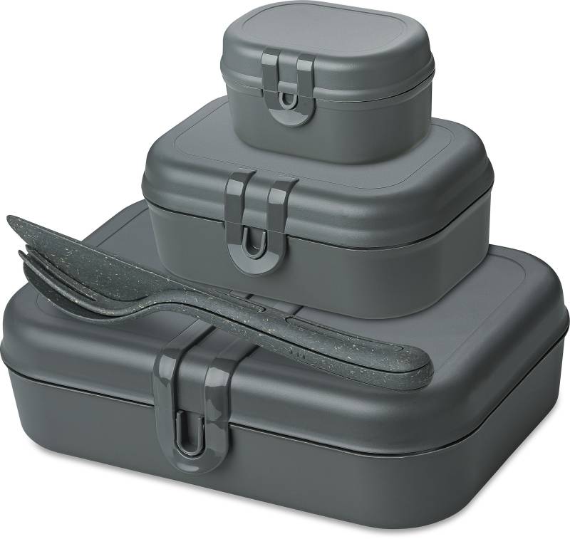 KOZIOL Lunchbox, (Set, 6 tlg., 3 Lunchboxen +1 Besteckset bestehend aus 1x Messer,1x Gabel, 1x Löffel), biozirkulärem Material,spülmaschinengeeignet,melaminfrei,recycelbar von Koziol