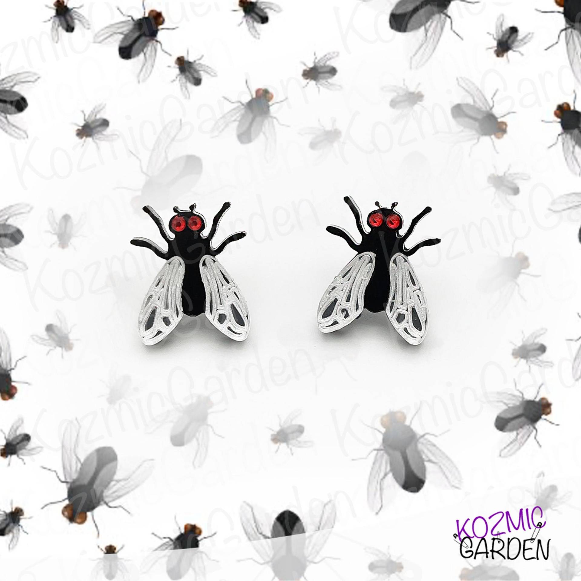 Fliegen Ohrstecker - Gespiegelte Silber Flügel & Funkelnde Strass Augen Quirky Käfer Schmuck von KozmicGarden