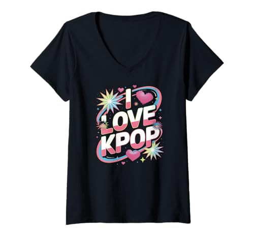 Damen Grafik-Statement „I Love Kpop Heart Stars“ T-Shirt mit V-Ausschnitt Damen Grafik-Statement „I Love Kpop Heart Stars“ T-Shirt mit V-Ausschnitt von Kpop Fan Culture Aesthetic Vibes