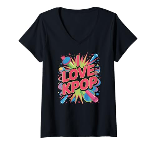 Damen Ich Liebe Kpop, lebendiger Ausdruck der Popkultur T-Shirt mit V-Ausschnitt von Kpop Fans Music Enthusiasts Culture