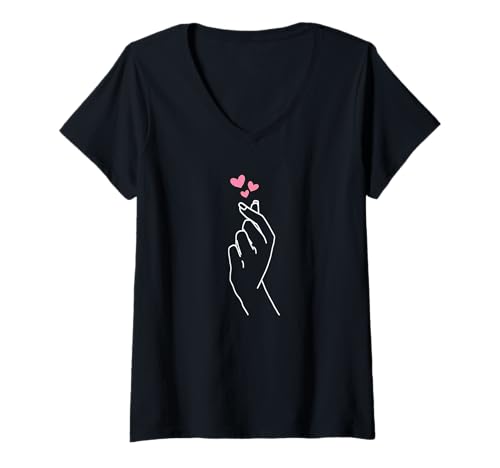 Damen Koreanischer Kpop-Merchandise mit Fingerherzen, Kdrama-Fanartikel, Saranghae T-Shirt mit V-Ausschnitt von Kpop Gifts Co.