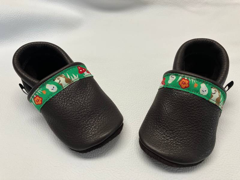 Krabbelschuhed-Braun+Webbandecopell Leder von Krabbelpuschenfee