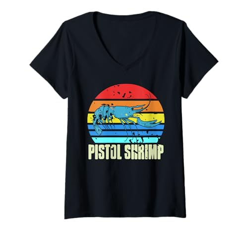 Damen Pistol Shrimp Retro Sonnenuntergang Garnelenwitz T-Shirt mit V-Ausschnitt Damen Pistol Shrimp Retro Sonnenuntergang Garnelenwitz T-Shirt mit V-Ausschnitt von Krabben Nerds Liebhaber Retro Marine Humor