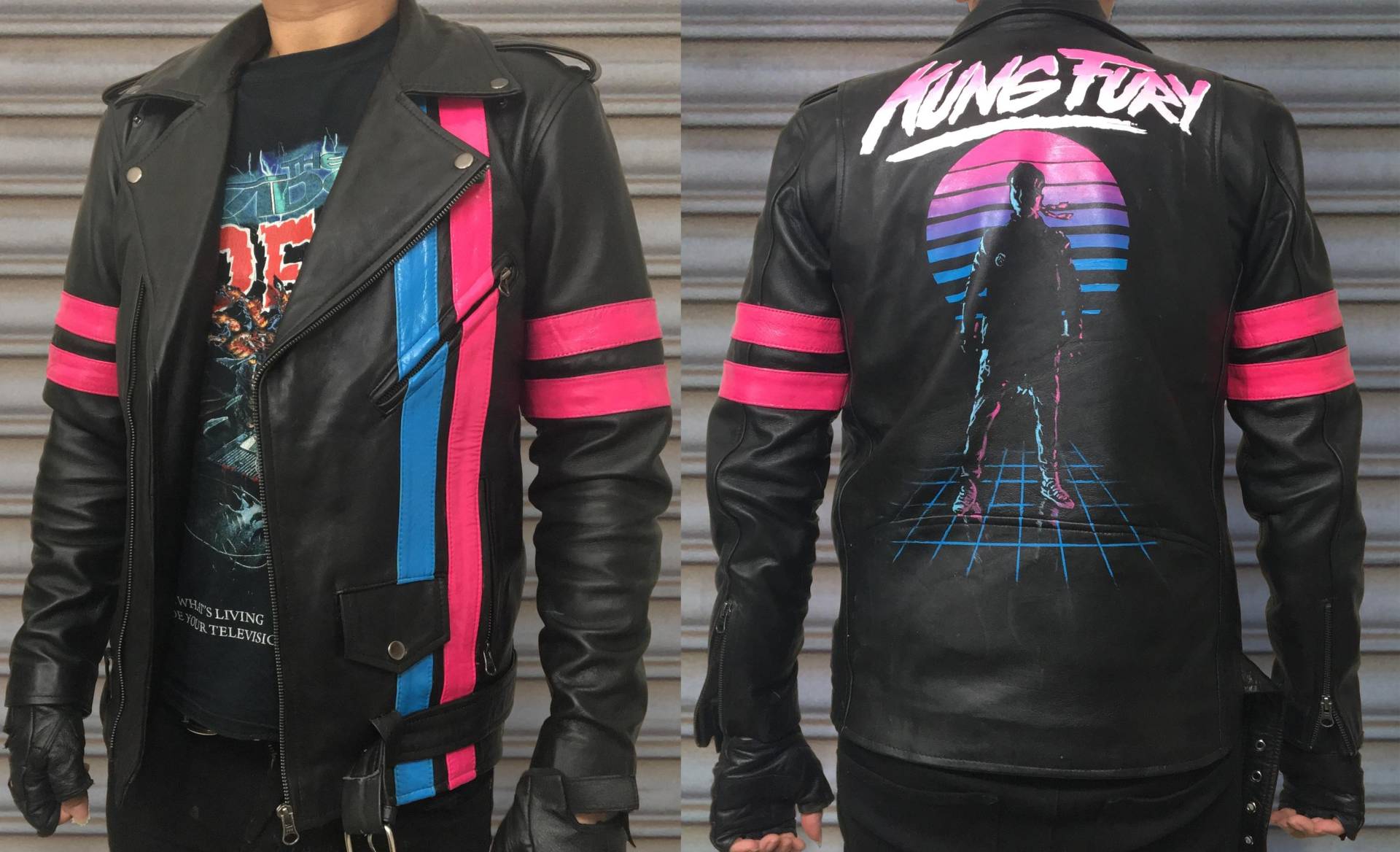 Custom Kung Fury Retrowave Cyber-Punk Handbemalte Lederjacke. Jede Größe, Jede Wollen Sie Wollen von KrackerJackets