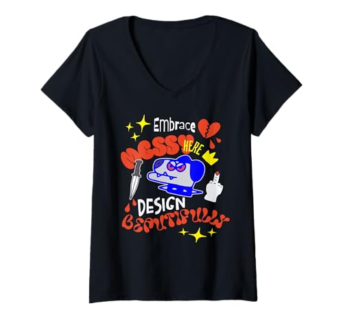 Damen Messi Stil Schöne Chaos Ausdruck T-Shirt mit V-Ausschnitt Damen Messi Stil Schöne Chaos Ausdruck T-Shirt mit V-Ausschnitt von Kräftige Chaos Künstlerische Stil Vibes