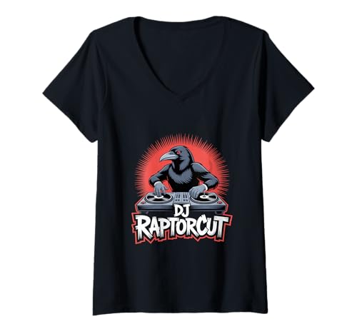 Damen DJ Raptorcut Krähe Am Mischpult Vinyl Scratch Club T-Shirt mit V-Ausschnitt Damen DJ Raptorcut Krähe Am Mischpult Vinyl Scratch Club T-Shirt mit V-Ausschnitt von Krähen DJ Rave Turntable Vinyl Scratch Club