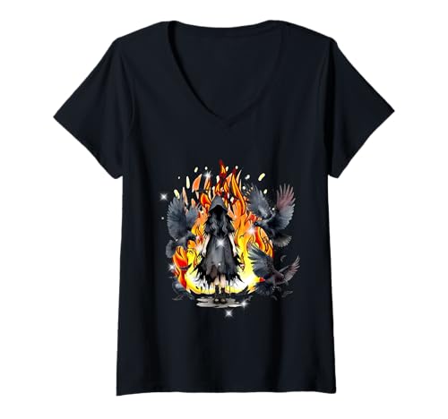 Damen Halloween Raben Krähe Hexe Vogel okkult Krähen Vögel T-Shirt mit V-Ausschnitt von Krähen Vögel Raben Natur Wildvögel