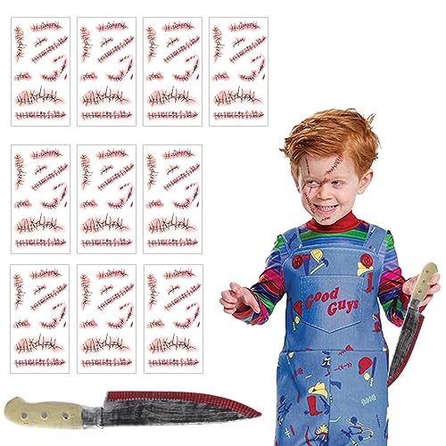 Kraeoke Temporäre Tattoos mit Blut Messer Set Narben Kratzer Aufkleber Zombie Scars für Kinder Erwachsener Halloween Kostüm von Kraeoke