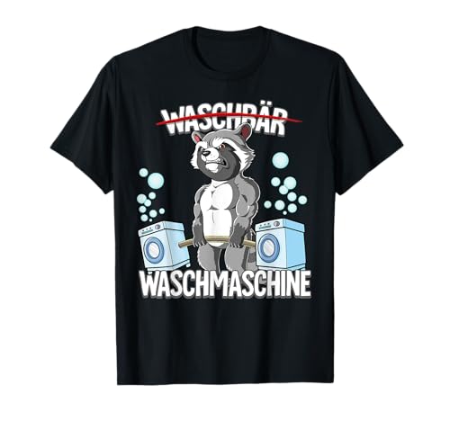 Kraftsport Geschenk Waschbär Waschmaschine Bodybuilding Fitness Gym T-Shirt Schwarz S Cartoon Design mit Hantelstange für Fitnessbegeisterte, Erwachsene und Kinder aller Geschlechter von Kraftsport Geschenk