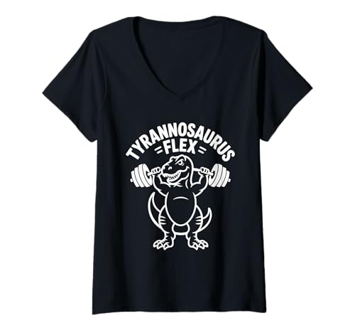 Damen Tyrannosaurus Flex Fitness Motivation T-Shirt mit V-Ausschnitt Damen Tyrannosaurus Flex Fitness Motivation T-Shirt mit V-Ausschnitt von Krafttraining Dinosaurier Gym Humor