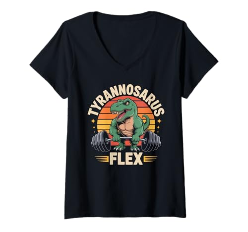 Damen Tyrannosaurus Flex Fitness Motivation T-Shirt mit V-Ausschnitt Damen Tyrannosaurus Flex Fitness Motivation T-Shirt mit V-Ausschnitt von Krafttraining Dinosaurier Gym Humor