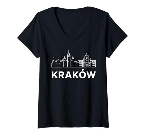 Damen Krakauer Skyline T-Shirt mit V-Ausschnitt von Krakow Poland Design