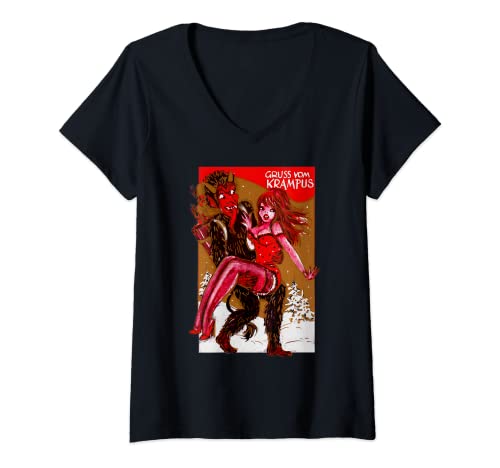 Damen Vintage Krampus Gruselige Weihnachten Urlaub Merry Krampus T-Shirt mit V-Ausschnitt von Krampus Design & Krampus Gift Shop