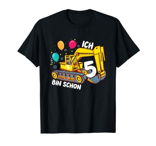 Ich bin 5 Kindergeburtstag Kinder 5. Geburtstag Bagger T-Shirt von Kran Baggerfahrer Kindergeburtstag 5 Jahre