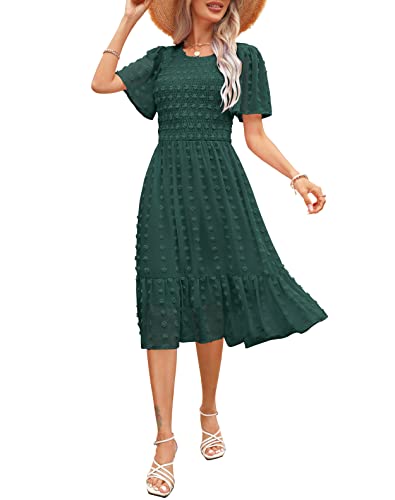 Damen-Sommerkleid 2023, Rundhalsausschnitt, gesmokt, Flatter, kurze Ärmel, Schweizer Punkt, lässiges Midi-Kleid, Swing, fließende Rüschen, Strandkleid, Swiss Dot-Dark Green, Klein von Kranda