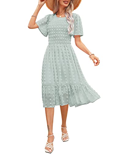 Damen-Sommerkleid 2023, Rundhalsausschnitt, gesmokt, Flatter, kurze Ärmel, Schweizer Punkt, lässiges Midi-Kleid, Swing, fließende Rüschen, Strandkleid, Swiss Dot-Hellgrün, Mittel von Kranda