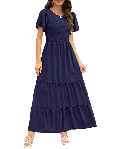 Kranda Maxikleid für Damen, Rundhalsausschnitt, Flatter, kurze Ärmel, gesmokte Rüschen, gestuft, einfarbig, Maxikleid 2023, Marineblau, X-Groß von Kranda