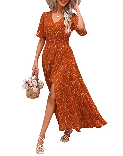 Kranda Damen-Maxikleid 2023, tiefer V-Ausschnitt, hohe Taille, kurze Ärmel, lässig, lang, Boho, Blumenmuster, Swing, fließender Schlitz, Strandkleid, Floral-Camel, Groß von Kranda