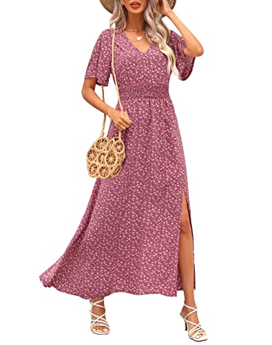 Kranda Damen 2023 Sommer Tiefer V-Ausschnitt Hohe Taille Kurzarm Casual Lang Boho Floral Swing Flowy Schlitz Strand Maxikleid Kleider, Blumig-Dusty Rose, Mittel von Kranda