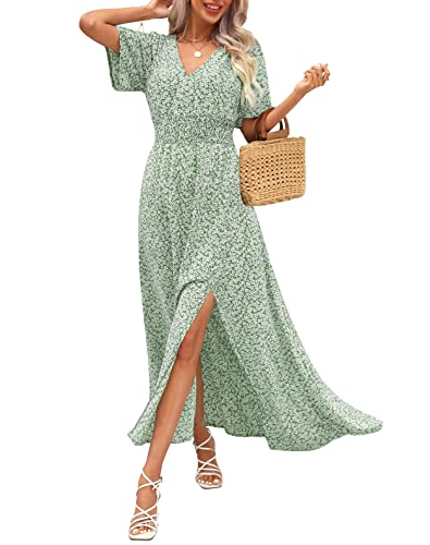 Kranda Damen 2023 Sommer Tiefer V-Ausschnitt Hohe Taille Kurzarm Casual Lang Boho Floral Swing Flowy Schlitz Strand Maxikleid Kleider, Floralgrün, Mittel von Kranda