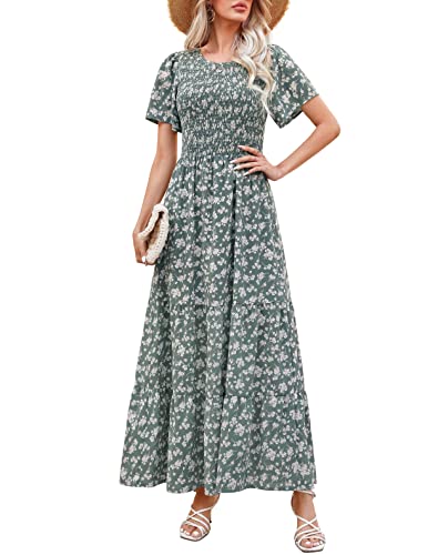 Kranda Damen-Sommerkleid, Rundhalsausschnitt, Flatter, kurze Ärmel, gesmokte Rüschen, gestuftes Blumen-Maxikleid 2024, Blumen-staubiges Salbeigrün, Mittel von Kranda