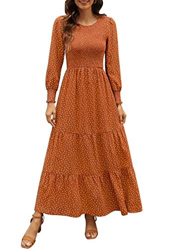 Kranda Maxikleid für Damen, Rundhalsausschnitt, lange Puffärmel, gesmokte Rüschen, gestuftes Blumenmuster, Maxikleid, camel, Mittel von Kranda