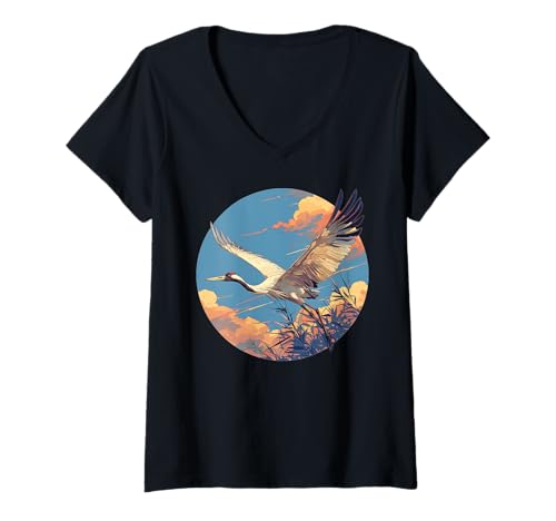 Damen Kraniche Kranich T-Shirt mit V-Ausschnitt Damen Kraniche Kranich T-Shirt mit V-Ausschnitt von Kraniche Kranich Tier Shop