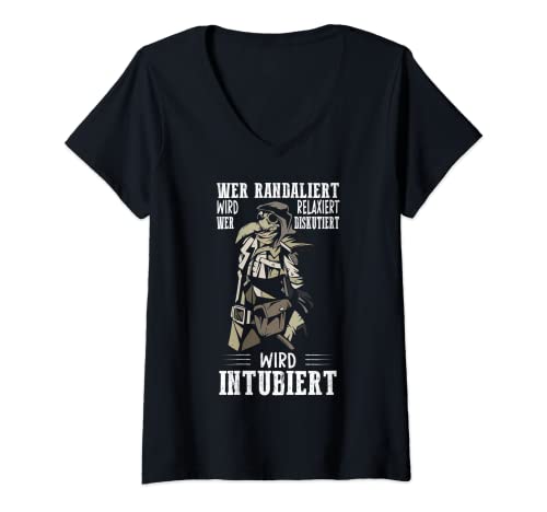 Damen wer randaliert, Arzt, Pestdoktor, Krankenschwester Spruch T-Shirt mit V-Ausschnitt Damen wer randaliert, Arzt, Pestdoktor, Krankenschwester Spruch T-Shirt mit V-Ausschnitt von Krankenpfleger, Intensivschwester, Rettungsdienst